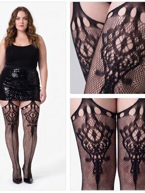 Killer Legs Spanish Fan Faux Garter Fishnet Tights Queen Plus Pantyhose NWT